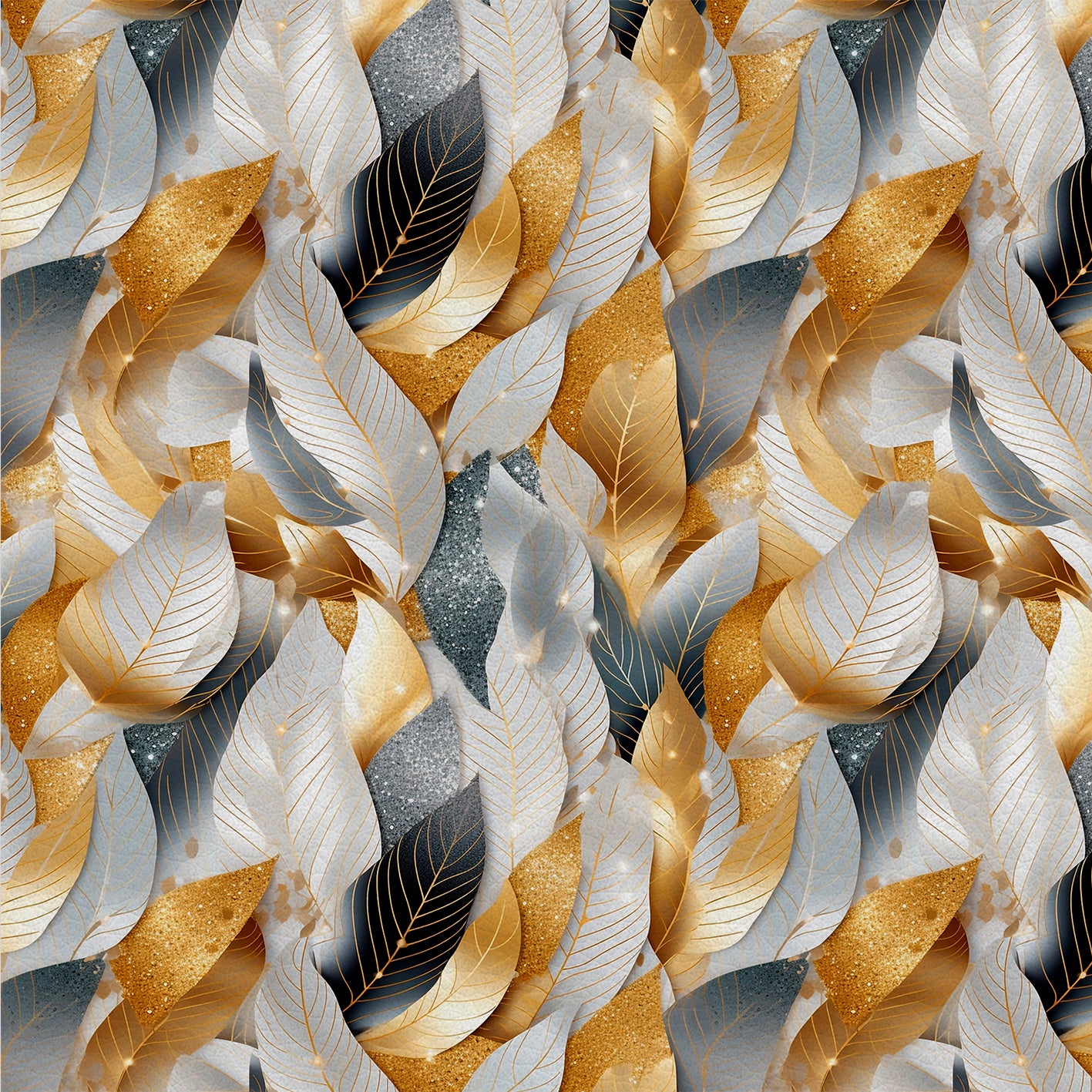 Sparkling Leaves – Kunstleder mit Glitzer und Blättern in Gold und Grau