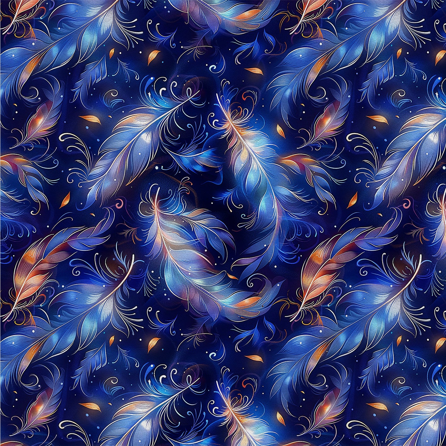 Glowing Feathers – Kunstleder Blau mit Leuchtenden Federn in Blau und Orange