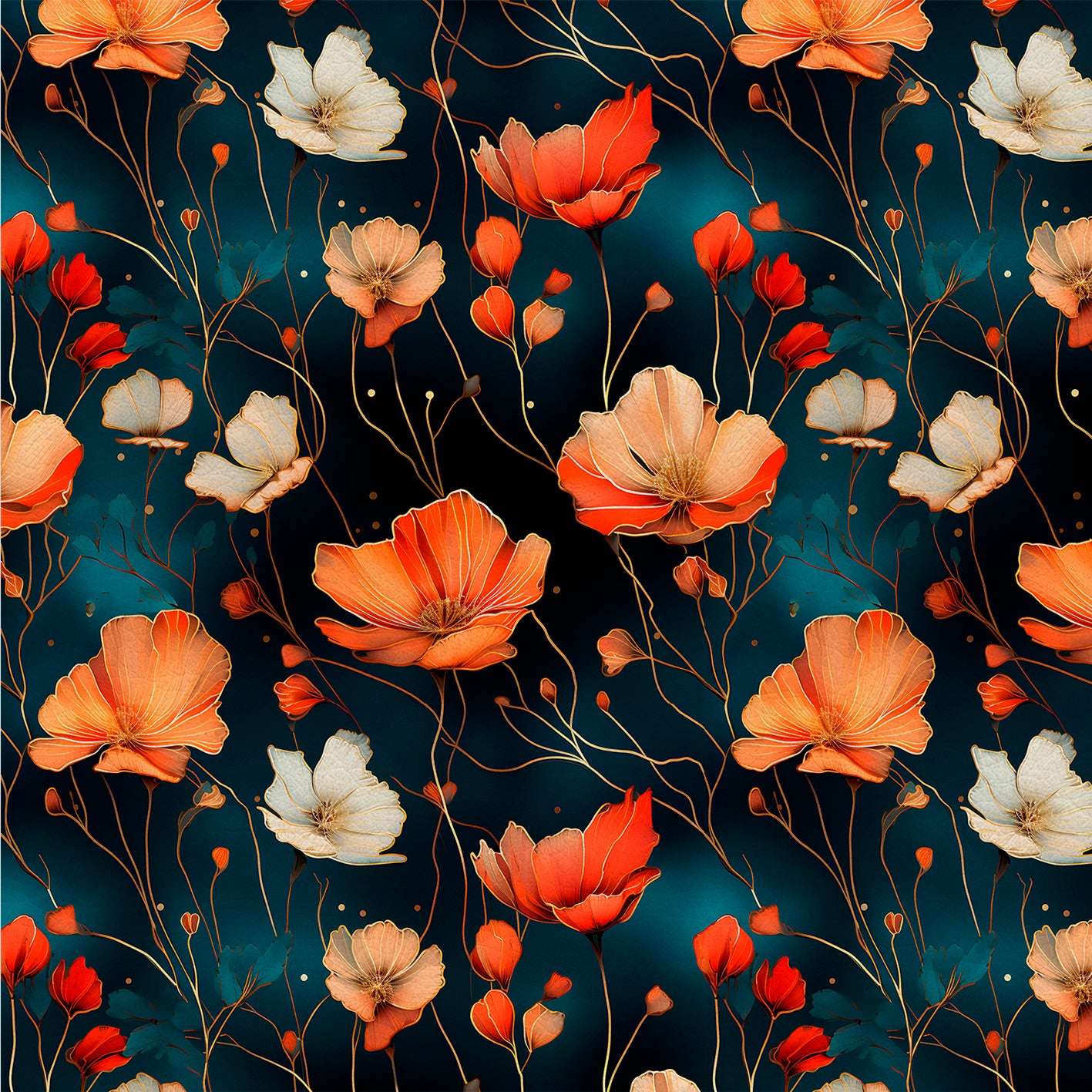 Mystic Poppies – Kunstleder Schwarz mit Orangen und Weißen Mohnblüten