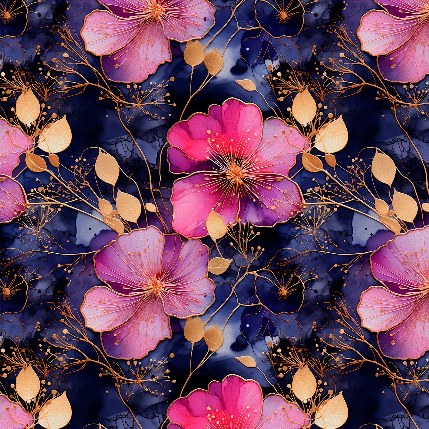 Blossom Clouds – Kunstleder Blau mit Lila-Rosa Blüten und Goldenen Blättern