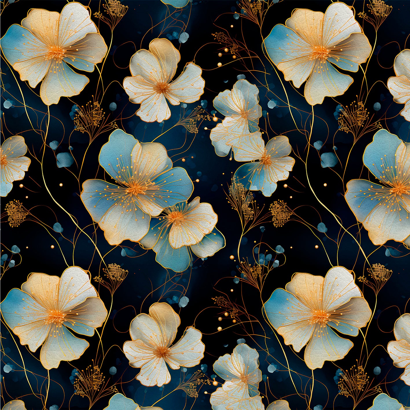 Golden Glow Petals – Kunstleder mit Zarten Blüten und Knospen in Blau, Weiß und Gold