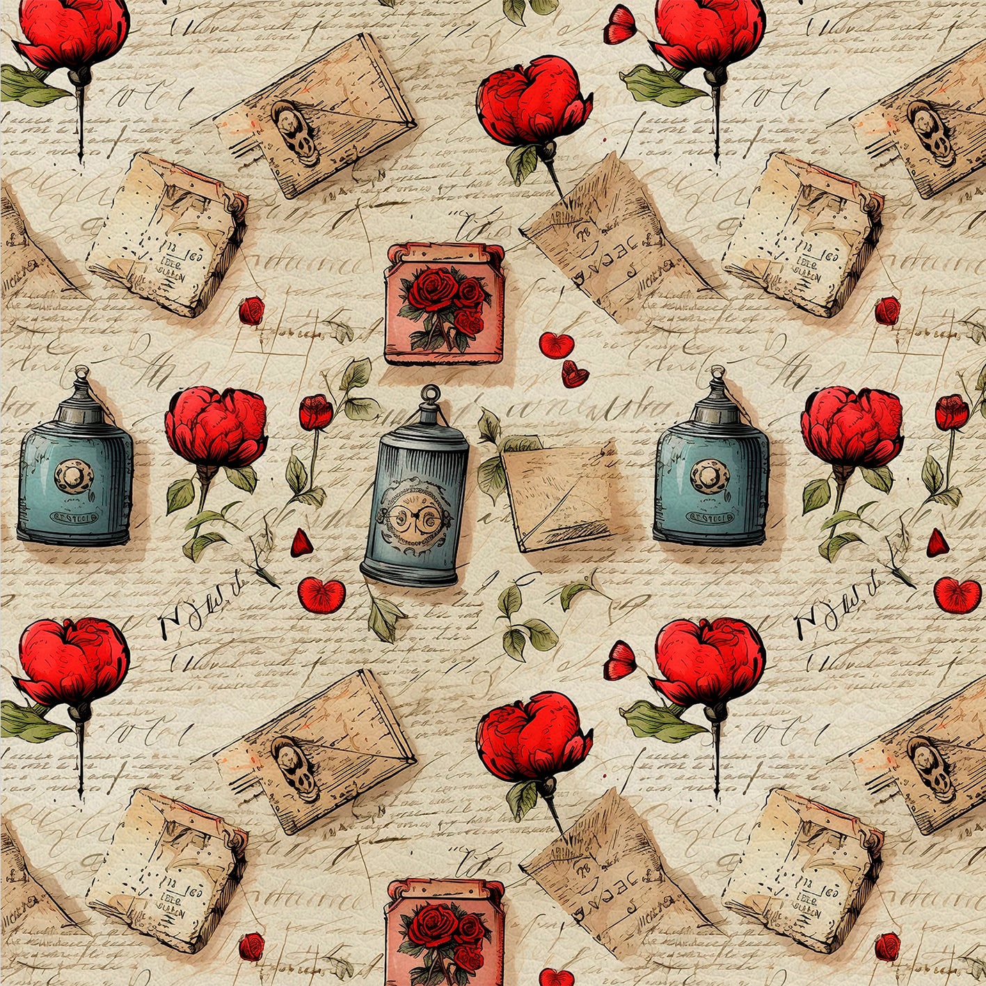 Vintage Letters – Kunstleder mit Rosenknospen, Flaschen und Briefpapier