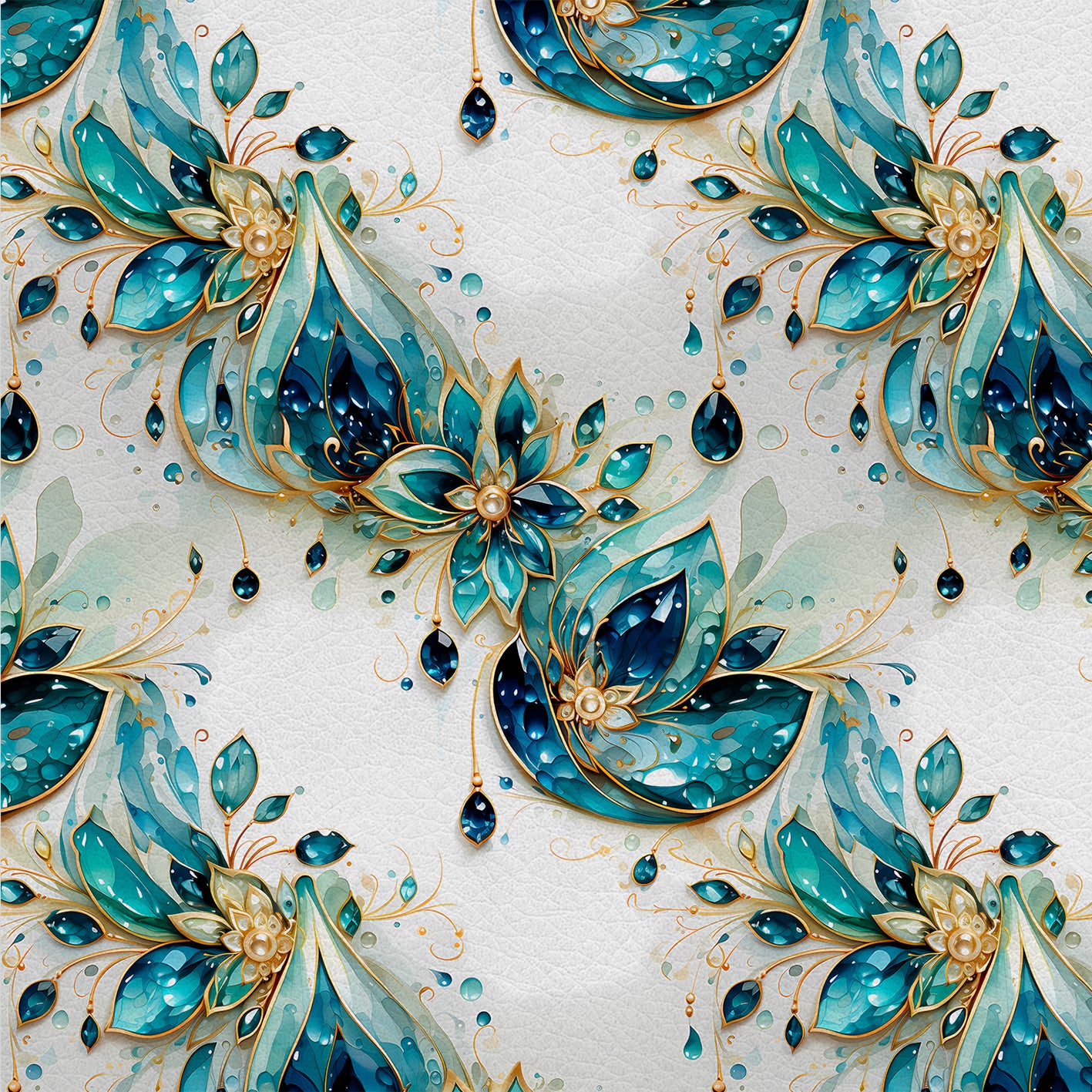 Blue Elegance – Kunstleder mit tropfenförmigen Mustern und goldenen Rändern