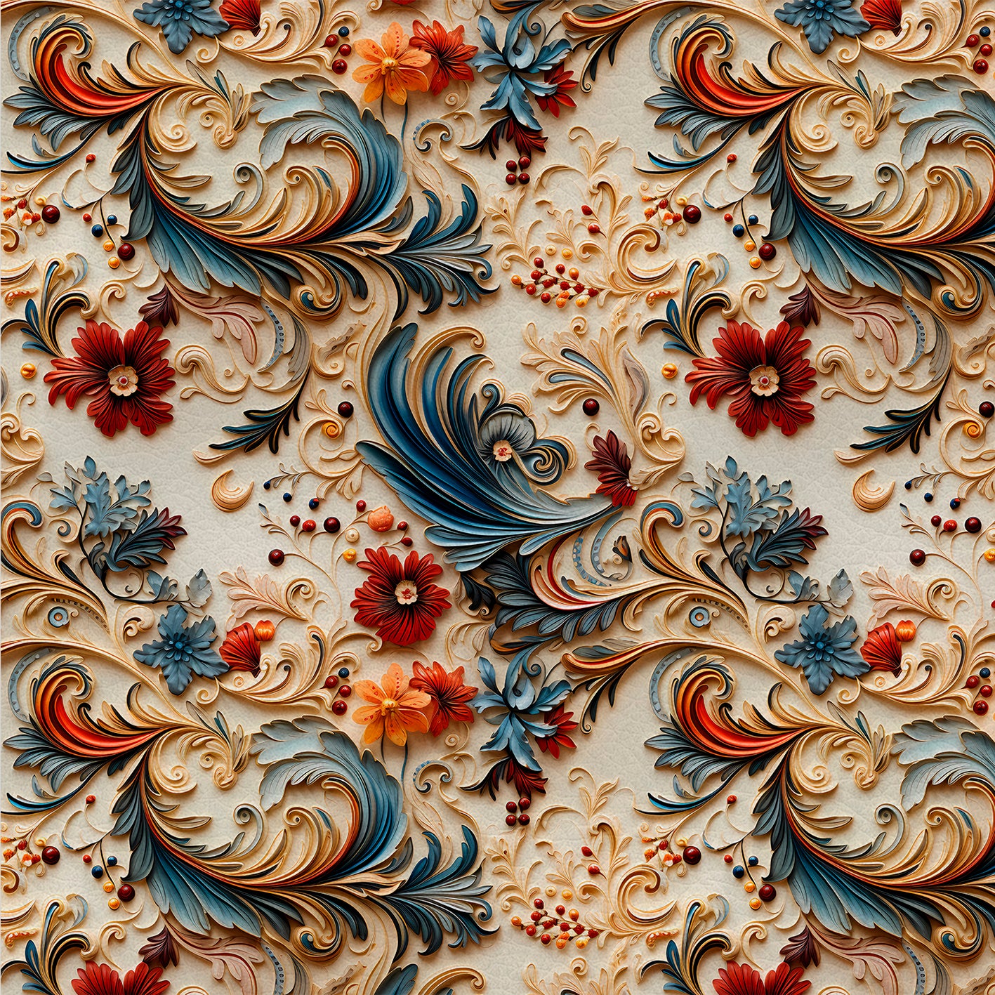 Floral Harmony – Kunstleder mit Blättern und Blüten in Blau, Orange und Rot