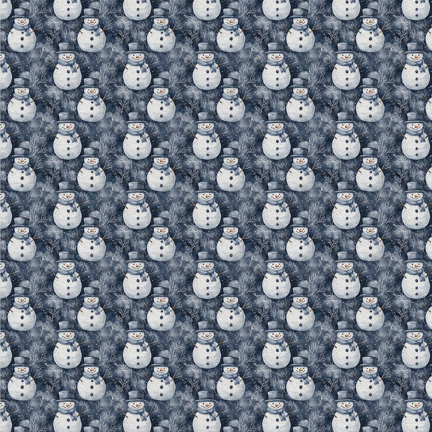 Charming Snowmen – Kunstleder mit kleinen Schneemännern auf dunklem, bläulichem Waldgrund